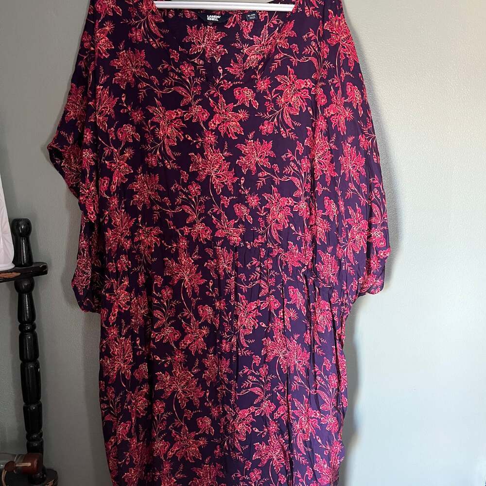Lands' End Women's Purple Floral V-Neck Kimono Sleeve Drawstring